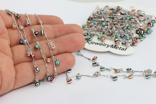 4x6mm Rhodium Plated Evil Eye Chain, Evil Eye Beaded Chains, BXB206