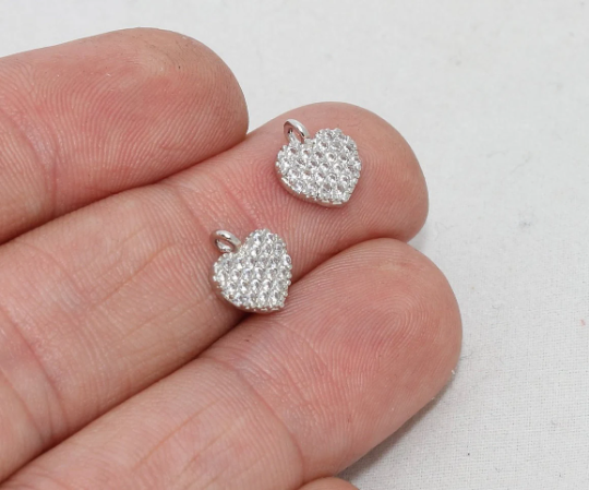 8mm Silver Plated Heart Charms, Micro Pave Heart, Mini ZRCN246