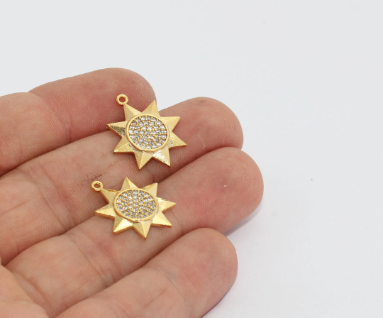 18x20mm 24k Shiny Gold Sun Charms, Micro Pave, White MTE1444