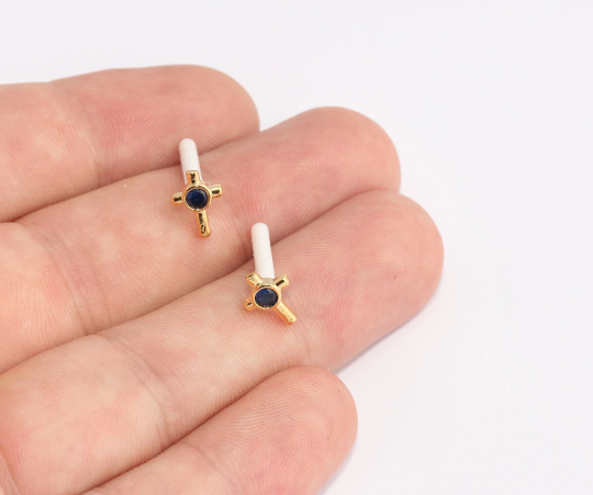 7x10mm 24k Shiny Gold Cross Earrings, CZ Cross Stud, SLM340