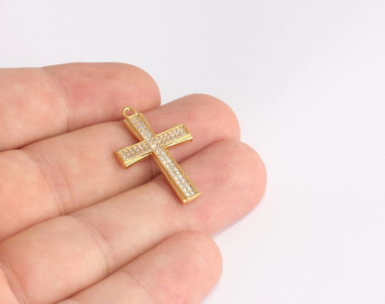 19x29mm 24k Shiny Gold Cross Charms, Micro Pave Cross SLM650