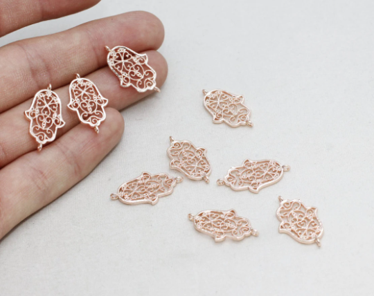 Ciondoli Hamsa in oro rosa 14x25 mm, ciondoli a forma di mano di Fatima, ROSE297