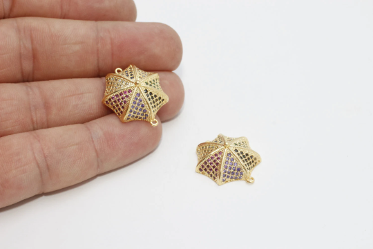20x22mm 24k Shiny Gold Umbrella Charms, Colorful , CZ ZRCN321