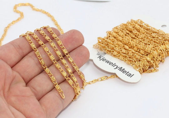 3,5mm 24k Shiny Gold Chain, Gold Bar Chain, Soldered BXB267-1