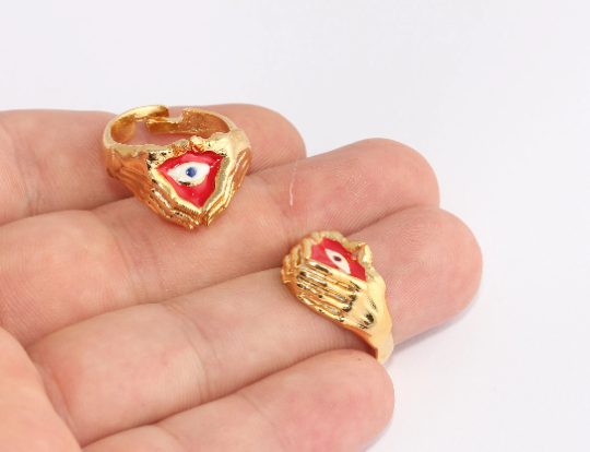 17-18mm 24k Shiny Gold Evil Eye Rings, Red Enamel Rings, SLM1034
