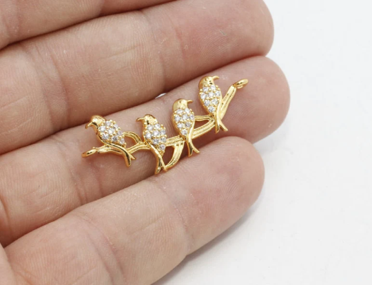 13x37mm 24k Shiny Gold Bird Charms, Micro Pave Charms, ZRCN291