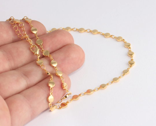 18" + 2" 24k Shiny Gold Disc Necklace, Round Disc Bar Chain CHK724-2