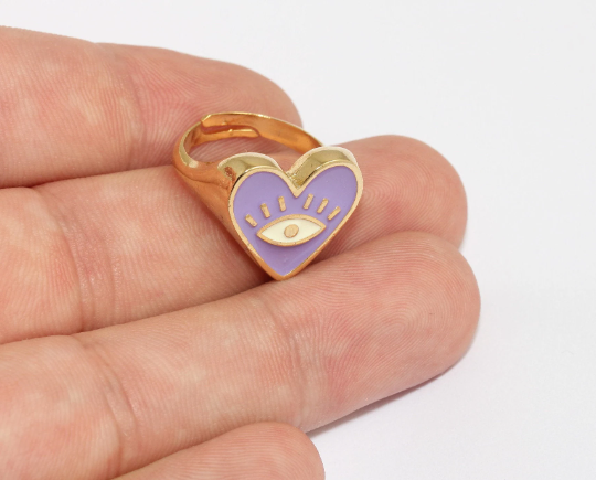 17-18mm 24k Shiny Gold Heart Rings, Lilac Enamel Eye, Gold MLS992
