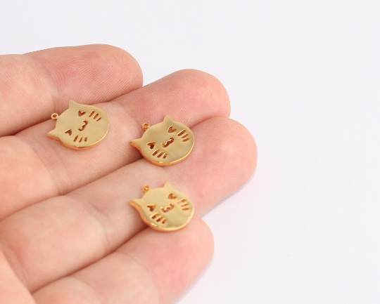 13mm 24k Shiny Gold Cat Charms, Cat Head Charms, SLM854