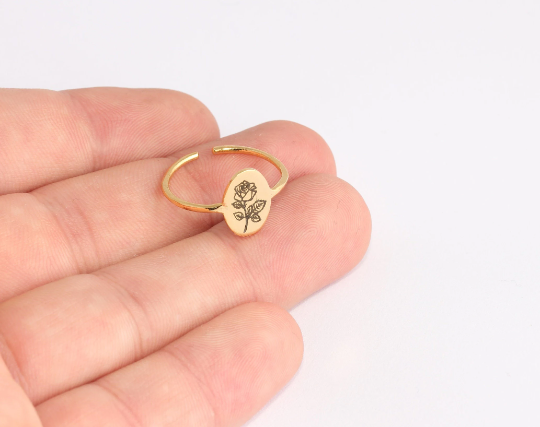 17-18mm 24k Shiny Gold Ring, Birth Flower Ring, Floral MLS592