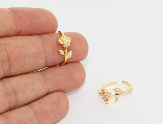24k Shiny Gold Flower Ring, Leaf Ring, Adjustable Gold Ring, MTE1399