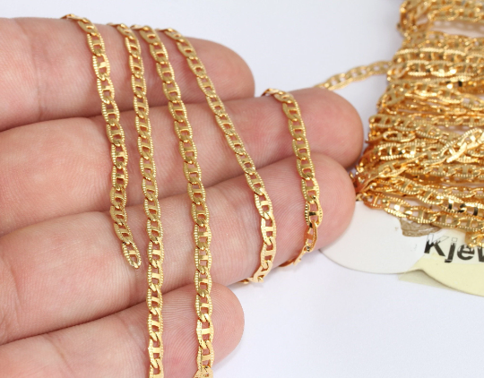 3,5x6,5mm 24k Shiny Gold Bar Chain, Oval Bar Chains, Gold CHK562
