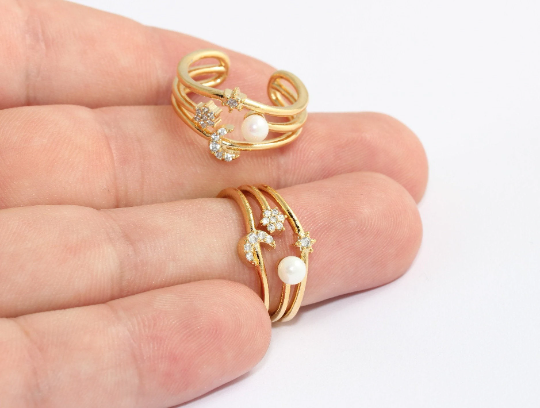 17-18mm 24k Shiny Gold Triple Moon Ring, CZ Micro Pave MLS641