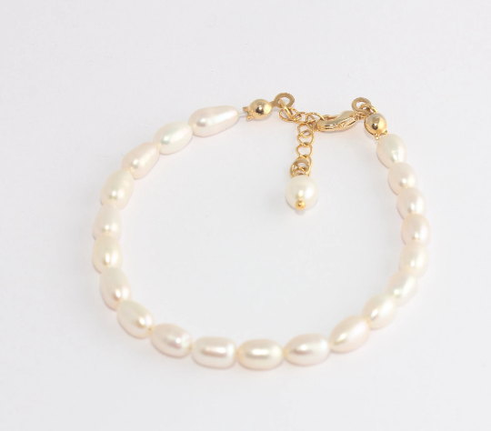 7" 24k Shiny Gold Pearl Bracelet, White Pearl Bracelet,                 XP238