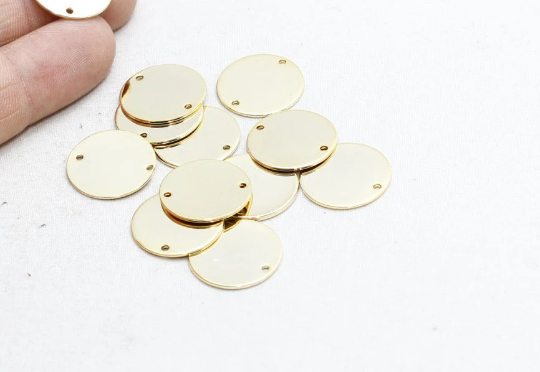 16mm 24k Shiny Gold Round Charms, Two Hole Round Disc, BRT428