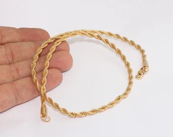 18" 3,8mm 24k Shiny Gold Rope Necklace, Finished Rope Chain, Ready Made Necklace, Rope Intertwined Necklace, Gold Plated Necklaces, BXB348-1