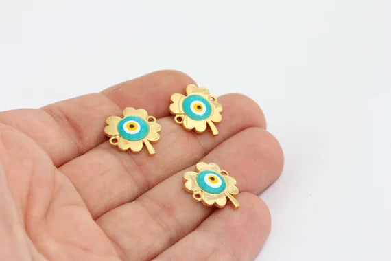 15x17mm 24k Shiny Gold Clover Charms, Evil Eye Flower, MTE443