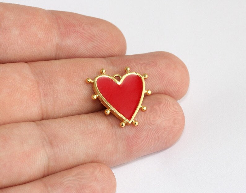 21mm 24k Shiny Gold Heart Charms, Love Necklace, Red BRT568