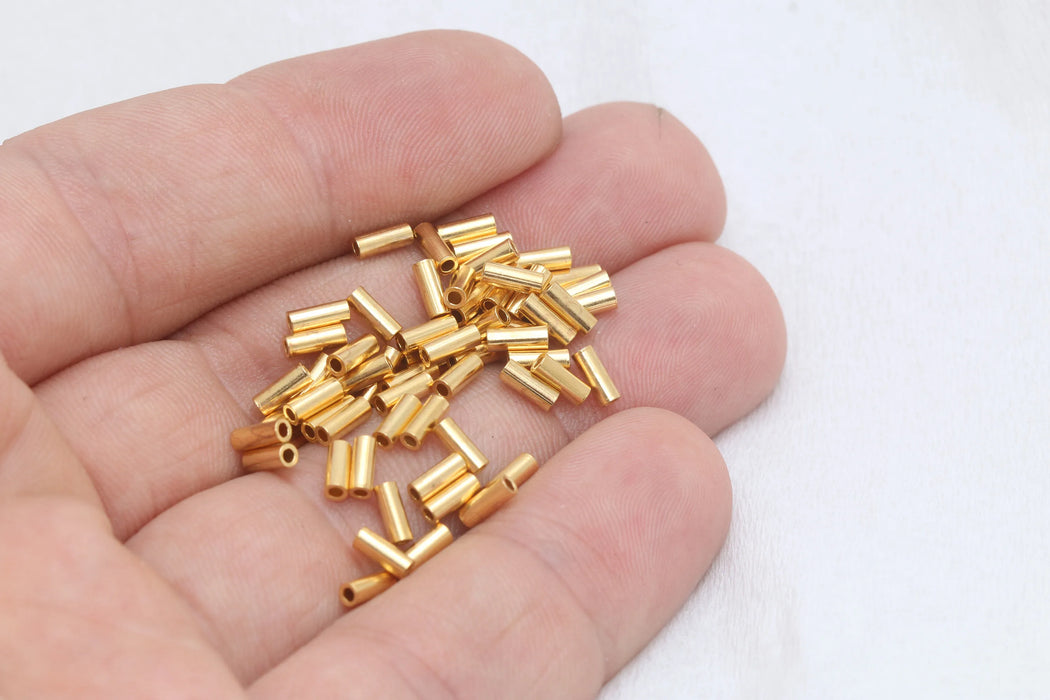 2x5mm Parlak Altın Kaplama Tüp Boncuklar, Yuvarlak Tüpler, Tüpler, BRT805