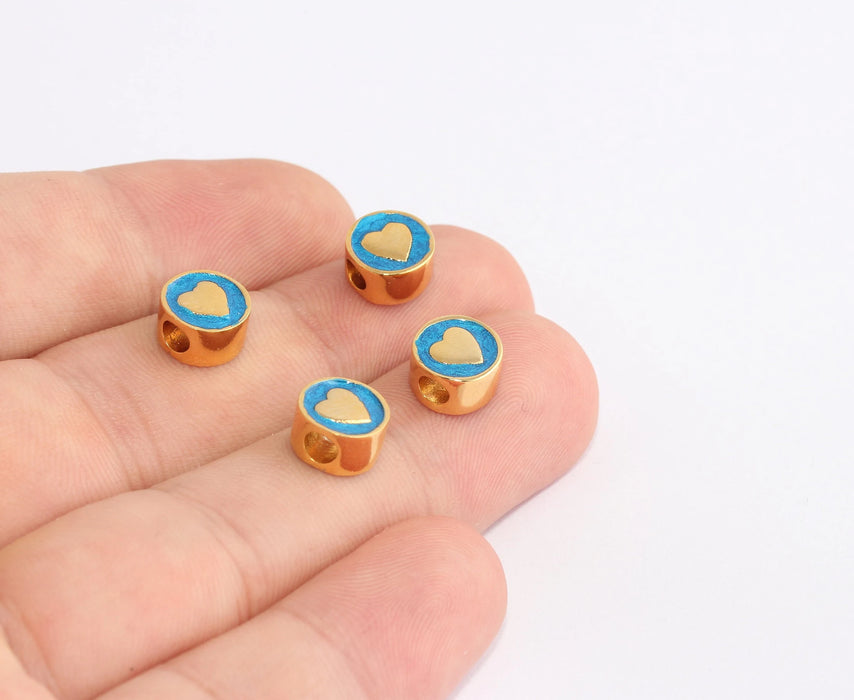8mm 24k Shiny Gold Heart Charms, Blue Enamel Heart SLM1052