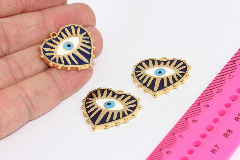'27x28mm 24k Shiny Gold Heart, Navyblue Enamel Charms, Evil Eye , MTE1247