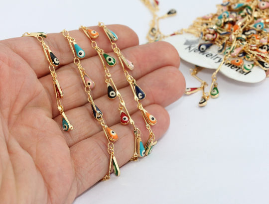 4x10mm 24k Shiny Gold Evil Eye Chain, Evil Eye Beaded BXB194