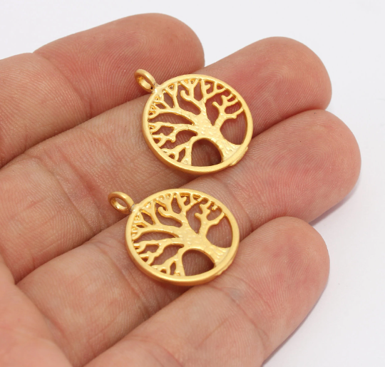 18x23mm 24 ayar Mat Altın Hayat Ağacı, Hayat Ağacı Kolye, BRT131