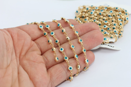 4x6mm 24 ayar Parlak Altın Nazar Zinciri, Boncuklu Zincirler, Altın BXB213