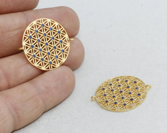 Ciondoli in oro 24k da 25 mm, ciondolo con pietra blu, fiore di zirconi cubici, ZRCN138