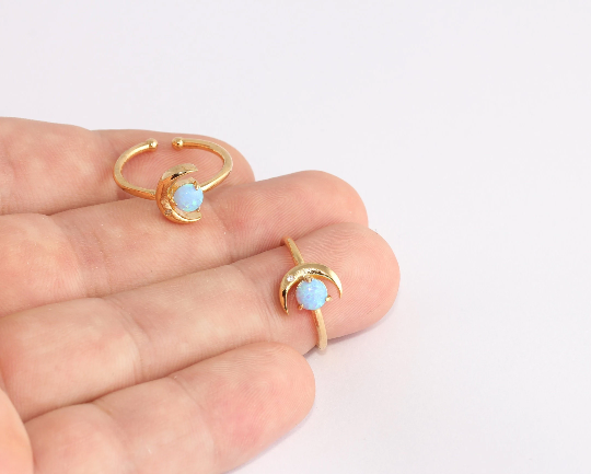 16-17mm 24k Shiny Gold Moon Ring, CZ Light Blue Stone, SLM942