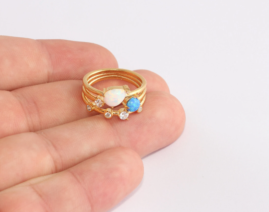 16mm 24k Shiny Gold Triple Ring, CZ Blue Stone Sky Rings, SLM909