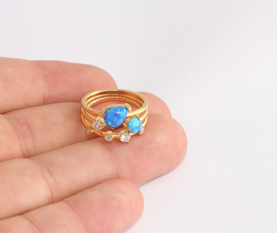 16mm 24k Shiny Gold Triple Ring, CZ Blue Stone Sky Rings, SLM905