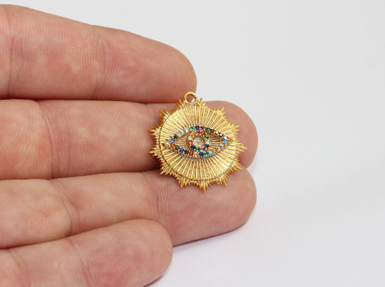25mm 24k Shiny Gold Eye Zircon Pendant, Sun Necklace, MLS366