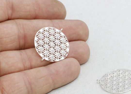 25mm Silver Charms, White Stone Charm, CZ Flower of Life, ZRCN132