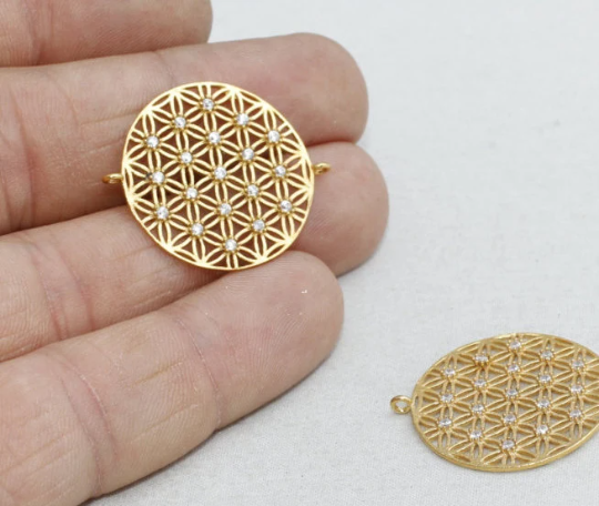 25mm 24k Gold Charms, White Stone Charm, CZ Flower of , ZRCN43