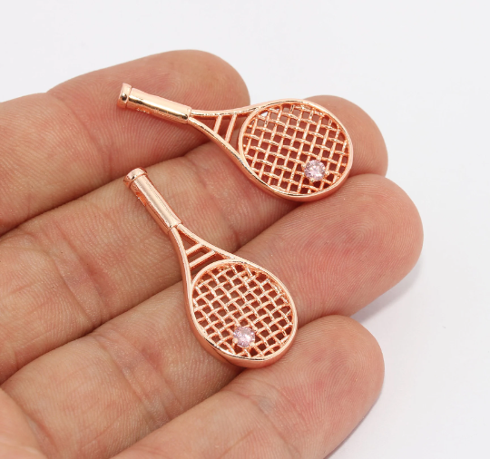 15x34mm Gül Altın Charm, Tenis Raketi Kolye Ucu, CZ, ZRCN728