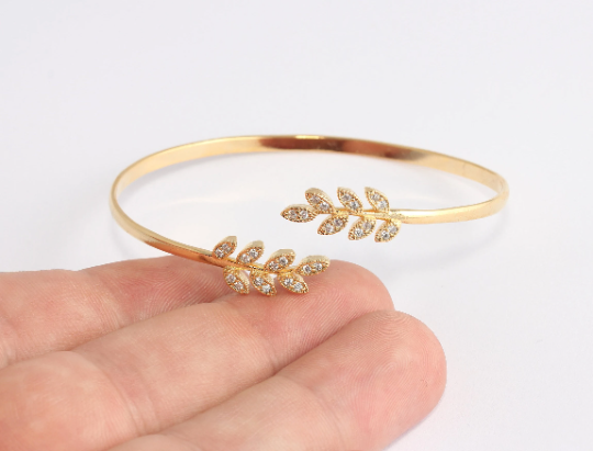 24k Shiny Gold Bracelet Cuff CZ Leaf Bracelet Micro, Gold CHK123-2