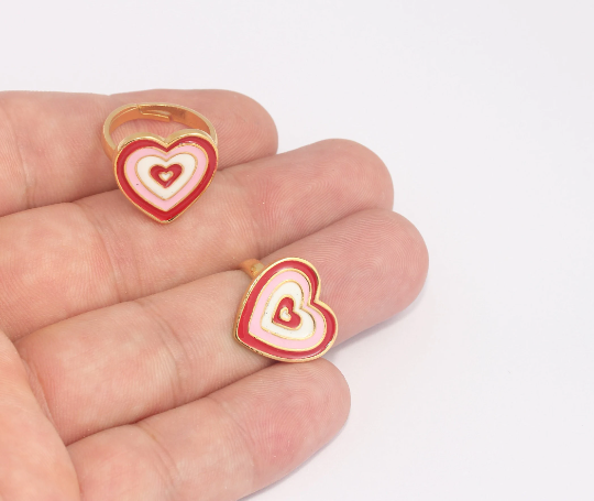 17-18mm 24k Shiny Gold Heart Rings, Red Enamel Heart SLM296