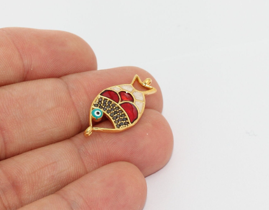 Ciondoli a forma di pesce in oro lucido 24k, 12x26 mm, micro pavé, MLS11