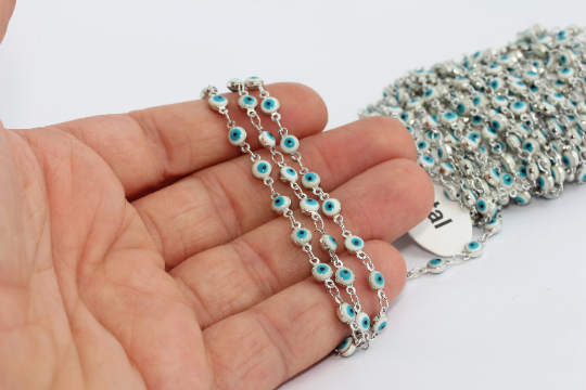 4x6mm Rhodium Plated Evil Eye Chain, Beaded Chains, Drop Bar BXB212