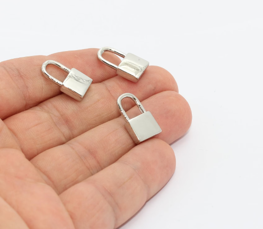 11x17mm Rodyum Kaplamalı Asma Kilit Tılsımları, Mini Kilit, MTE1248