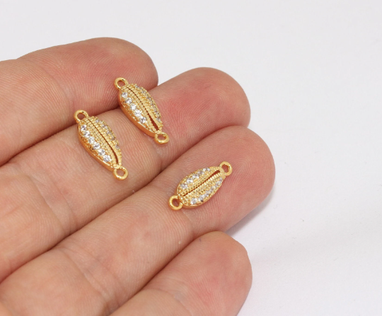 6x16mm 24k Shiny Gold Sea Shell Charms, Micro Pave, MLS67
