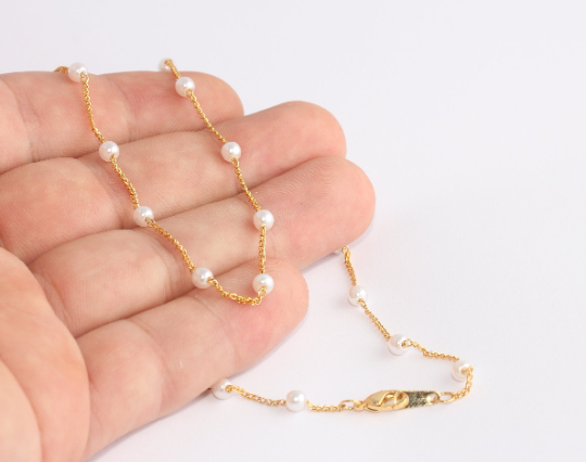 18" 24k Shiny Gold Necklace, Pearl Beaded Necklace, Ready  SLM960