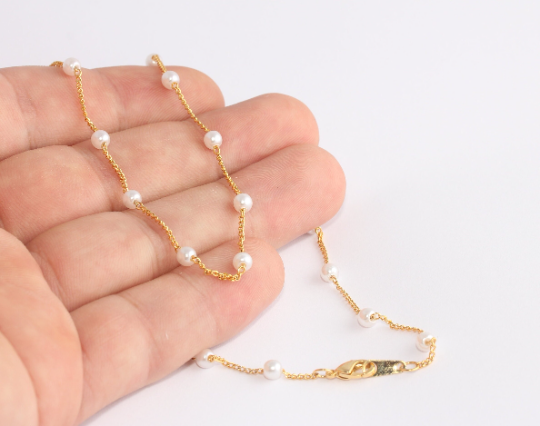 18" 24k Shiny Gold Necklace, Pearl Beaded Necklace, Ready SLM960