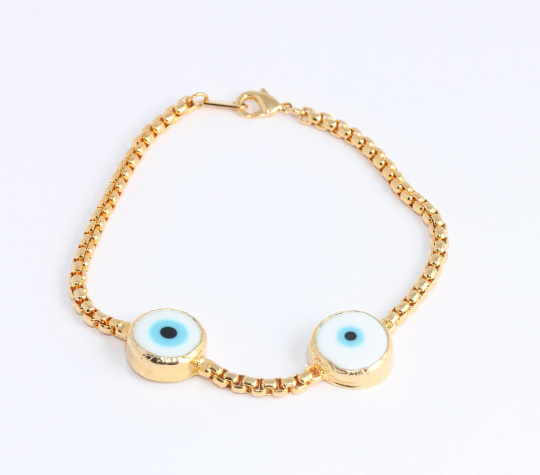 7" 24k Shiny Gold Evil Eye Bracelets, White Evil Eye                         SLM10
