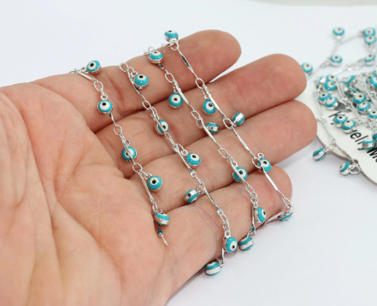 4x6mm Rhodium Plated Evil Eye Chain, Beaded Chains, Drop Bar BXB192