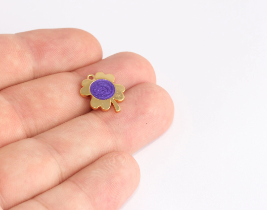 14x16mm 24 ayar Parlak Altın Çiçek Takıları, Mor Emaye, SLM158