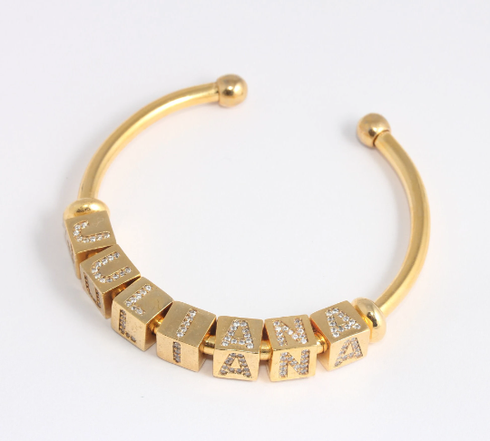 Shiny Gold CZ Letter Bracelets Cube Letter Charms