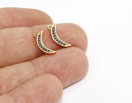 6x13mm 24 ayar Parlak Altın CZ Ay Takıları, Mikro Döşeme Mavi Taş Ay, ZRCN497