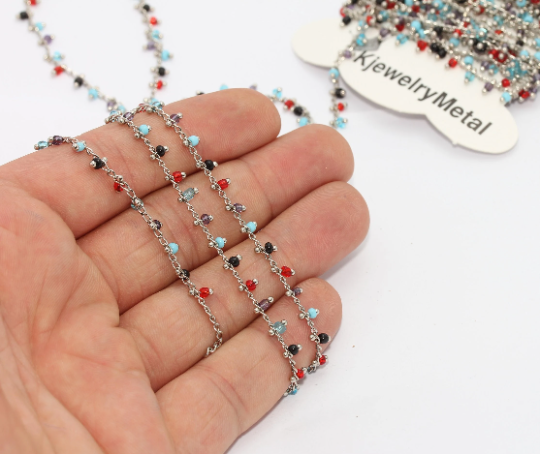 Rhodium Plated Crystal Chains, Beaded Chains, Rosary Style, BXB249-1